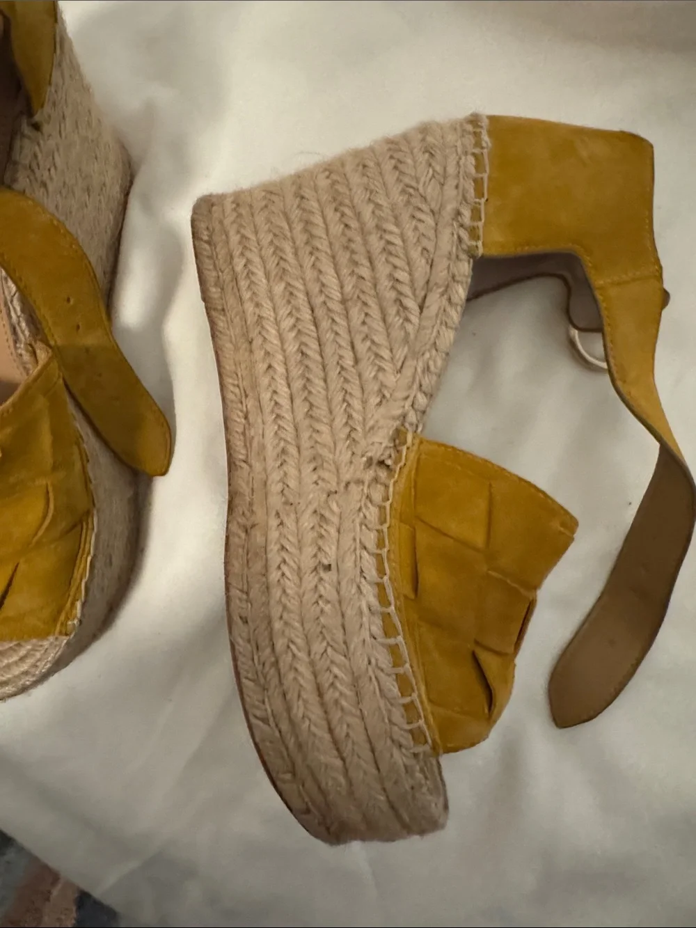 Marc Fisher Mustard Suede Espadrille Wedge Sandals with Ankle Buckle